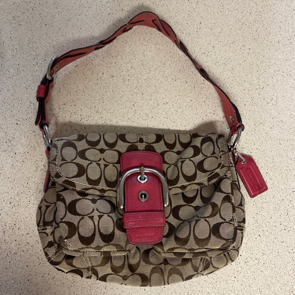 Coach Tan and Pink Signature Shoulder Bag - Read description